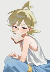  1boy absurdres ahoge blonde_hair blue_jumpsuit bread bread_slice clemont_(pokemon) clenched_hand food from_side glasses grey_background grey_eyes highres jumpsuit male_focus medium_hair mouth_hold pokemon pokemon_xy pokesudal round_eyewear shirt simple_background sleeveless sleeveless_shirt solo sweat white_shirt 