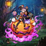  1girl alternate_costume black_legwear dog filsy garm_(valkyrie_connect) ghost grass hair_between_eyes halloween horns jack-o&#039;-lantern lantern looking_at_viewer mogthrasir_(valkyrie_connect) mushroom official_alternate_costume official_art string_of_flags striped striped_legwear thigh-highs tree valkyrie_connect vertical-striped_legwear vertical_stripes 