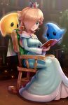  1girl blonde_hair blue_eyes book breasts chair crown dress earrings full_body gonzarez hair_over_one_eye highres holding holding_book indoors jewelry library lips long_dress long_hair luma_(mario) super_mario_bros. off-shoulder_dress off_shoulder rocking_chair rosalina sitting smile star_(symbol) super_mario_galaxy 