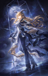  1girl ambience_synesthesia animal_ears arknights blonde_hair breasts coat degenbrecher_(arknights) floating_hair gloves goat_ears goat_girl goat_horns helen_zzhao high_heels highres holding holding_sword holding_weapon horns long_hair medium_breasts moon pants shirt solo star_(sky) suit sword very_long_hair weapon 
