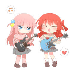  2girls blue_eyes bocchi_the_rock! brown_shoes closed_eyes closed_mouth commentary_request deformed electric_guitar full_body gotoh_hitori grey_skirt guitar heart holding holding_guitar holding_instrument holding_plectrum instrument jacket kita_ikuyo long_hair long_sleeves miniskirt multiple_girls musical_note one_side_up open_mouth pink_hair pink_jacket pleated_skirt plectrum rebecca_(keinelove) red_hair school_uniform shoes simple_background skirt socks standing white_background white_socks yamaha_pacifica 