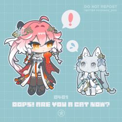  ! 2girls ahoge artist_logo black_jacket black_thighhighs breasts cat changli_(wuthering_waves) colored_extremities commentary_request dog-san dress english_text flying_sweatdrops furrification furry furry_female hair_ornament highres jacket jinhsi_(wuthering_waves) logo long_hair looking_at_animal medium_breasts multiple_girls orange_eyes pink_hair red_hands spoken_exclamation_mark spoken_flying_sweatdrops thigh-highs white_dress wuthering_waves 