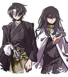  1boy 1girl absurdres black_jacket black_kimono black_pants cape cowboy_shot cracked_mask gold_trim haori highres index_(identity)_(project_moon) jacket japanese_clothes kimono kongtiao1111111 limbus_company mask_over_one_eye pager pants project_moon rien_(project_moon) ryoshu_(project_moon) simple_background white_background white_cape white_mask 