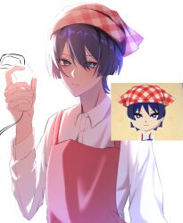  1boy alternate_costume apron arm_at_side black_eyes black_hair blue_pupils blunt_ends closed_mouth collared_shirt commentary_request eyeliner genshin_impact hair_between_eyes hand_up headscarf highres holding huyushiro1 long_sleeves looking_at_viewer makeup male_focus mii_(nintendo) nintendo pink_apron plaid_headscarf red_eyeliner red_headscarf reference_inset scaramouche_(genshin_impact) shirt solo tsurime upper_body white_background white_shirt white_sleeves 