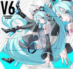  1girl aqua_eyes aqua_hair aqua_necktie armpit_crease ass_peek bare_shoulders black_sleeves breasts character_name closed_mouth collared_shirt commentary contrast_collar detached_sleeves full_body grey_shirt hair_between_eyes hair_ornament hatsune_miku hatsune_miku_(vocaloid6) heart heart_hair_ornament high_heels holding holding_microphone holding_microphone_stand long_hair long_sleeves looking_at_viewer microphone microphone_stand miira_miira necktie open_mouth shirt sideboob sleeveless sleeveless_shirt small_breasts smile thighs twintails very_long_hair vocaloid wide_sleeves zipper_footwear 
