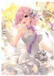  1girl absurdres bangs bare_shoulders blurry blurry_background blush breasts depth_of_field dress fate/grand_order fate_(series) flower gloves hair_flower hair_ornament hair_over_one_eye halter_top halterneck highres large_breasts looking_at_viewer mash_kyrielight non-web_source open_mouth pink_hair rosuuri scan short_hair sleeveless sleeveless_dress smile solo_focus violet_eyes white_dress white_gloves 