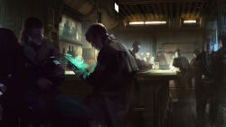  2boys 6+others ambiguous_gender bar_(place) bar_counter bartender commentary dust_514 english_commentary eve_online feet_out_of_frame full_body glowing holding hologram indoors jacket long_sleeves male_focus medium_hair multiple_boys multiple_others pants people scenery science_fiction short_hair sitting standing very_short_hair web_address william_chen 