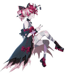  1girl absurdres ahoge asymmetrical_footwear bandaged_arm bandaged_leg bandages bare_shoulders black_boots black_bow black_dress blunt_ends boots bow chest_sarashi colored_skin commentary diamond-shaped_pupils diamond_(shape) double_bun dress dress_bow eipanguino full_body gradient_eyes green_eyes grey_hair grey_skin grin hair_bow hair_bun heterochromia highres hololive hololive_indonesia impaled kureiji_ollie kureiji_ollie_(1st_costume) lace-up_boots layered_dress long_hair looking_at_viewer mary_janes mismatched_footwear mismatched_pupils multicolored_eyes multicolored_hair patchwork_skin pink_hair puffy_short_sleeves puffy_sleeves red_bow red_eyes red_hair red_shoes sarashi shoes short_sleeves simple_background sitting smile solo stitched_arm stitched_face stitched_leg stitched_torso stitches sword symbol-shaped_pupils torn_clothes torn_dress v virtual_youtuber weapon white_background x-shaped_pupils yellow_eyes zombie 