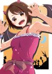  1girl absurdres antenna_hair armpits bangs black_choker blush bob_cut brown_eyes brown_hair choker claw_pose commentary_request crescent dress dynamax_band fake_horns fake_wings gloria_(pokemon) halloween hands_up highres horns looking_at_viewer negimiso1989 open_mouth pink_dress pokemon pokemon_(game) pokemon_swsh sash short_hair solo star_(symbol) teeth tongue wings 