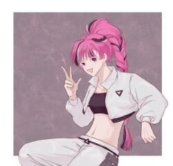 1girl alternate_costume cookie_run cookie_run:_ovenbreak eyelashes female jacket long_hair multicolored_hair official_alternate_costume open_jacket pants peace_symbol pink_hair shining_glitter_cookie shining_glitter_cookie_(superstar_airport_attire) smile third-party_source white_pants