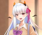  1girl alternate_costume bangs beige_sweater blush bow bowtie breasts cardigan collarbone demon_horns earrings fang fate/grand_order fate_(series) hair_ribbon hairband horns jewelry kama_(fate/grand_order) large_breasts long_hair long_sleeves looking_at_viewer open_mouth pink_ribbon purple_bow purple_neckwear red_eyes ribbon school_uniform silver_hair yamamura_umi 