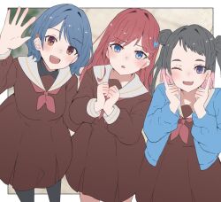  3girls :d black_hair black_pantyhose black_shirt blue_cardigan blue_eyes blue_hair blurry blurry_background border breasts cardigan commentary_request cowboy_shot double_bun dress flipped_hair gradient_hair hair_bun hair_ornament hasu_no_sora_school_uniform index_fingers_raised kinjou_maika link!_like!_love_live! looking_at_viewer love_live! medium_breasts medium_dress multicolored_hair multiple_girls open_mouth orange_eyes outside_border own_hands_together pantyhose pink_hair pleated_dress red_hair reizawa_aoi school_uniform shirin_mion shirt smile soyo1558686 turtleneck undershirt violet_eyes virtual_youtuber waving white_border 