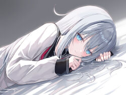  1girl anchor_symbol bed_sheet black_sailor_collar blue_eyes blush commentary_request head_on_hand hibiki_(kancolle) kantai_collection long_hair looking_at_viewer lying on_side red_ribbon ribbon sailor_collar school_uniform shikuro_(iorimiyakiyo) shirt sleeves_past_wrists solo white_hair white_shirt 