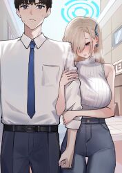  1boy 1girl absurdres alternate_costume aoi_riko asuna_(blue_archive) bare_shoulders black_hair blonde_hair blue_archive blue_eyes blue_halo blue_necktie blue_pants blush breasts commentary_request grabbing_another's_arm hair_over_one_eye hair_ribbon halo highres large_breasts long_hair looking_down necktie open_mouth pants ribbon sensei_(blue_archive) shirt short_hair sleeveless sleeveless_sweater sleeveless_turtleneck sweat sweater turtleneck turtleneck_sweater very_long_hair white_shirt white_sweater 