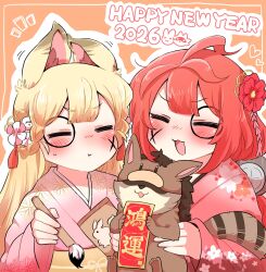  2026 2girls :t =_= alice_thymefield animal animal_ears blonde_hair blush bodypaint closed_mouth commentary_request floral_print floral_print_kimono flower hair_flower hair_ornament happy_new_year heart holding holding_animal holding_paintbrush japanese_clothes kamanosuke_(zenless_zone_zero) kimono multiple_girls notice_lines obi open_mouth paintbrush pink_kimono print_kimono rebecca_(keinelove) red_flower red_hair red_kimono sash tanuki ukinami_yuzuha upper_body yellow_sash zenless_zone_zero 