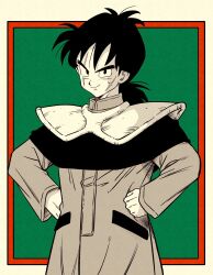  1boy commentary_request cross_scar dragon_ball dragon_ball_(classic) green_background greyscale_with_colored_background hands_on_own_hips highres lee_(dragon_garou) low_ponytail male_focus official_style ponytail robe scar scar_across_eye scar_on_cheek scar_on_face sepia shoulder_pads smile solo toriyama_akira_(style) upper_body yamcha 