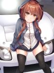  1girl absurdres black_jacket black_legwear black_skirt brown_eyes brown_hair car closed_mouth eyebrows_visible_through_hair ground_vehicle hair_between_eyes hair_flaps hair_ornament hairband hibiki_zerocodo highres hood hooded_jacket jacket kantai_collection long_hair long_sleeves low_twintails motor_vehicle pleated_skirt red_hairband remodel_(kantai_collection) shiratsuyu_(kantai_collection) signature skirt smile solo thigh-highs twintails v-shaped_eyebrows x_hair_ornament zettai_ryouiki 