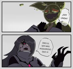  2girls ben_10 black_lips black_sclera boku_no_hero_academia chaquetrix claws colored_sclera cracked_skin crying crying_with_eyes_open genderswap genderswap_(mtf) ghostfreak glowing glowing_eye grey_background grey_hair hair_over_one_eye hands_on_another's_shoulders highres long_hair monster_girl mosunoru multiple_girls orange_eyes pink_eyes scene_reference simple_background slime_(creature) slime_girl spanish_text tears translation_request 