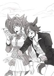  2girls animal_ears clouds commentary_request daiwa_scarlet_(peak_blue)_(umamusume) daiwa_scarlet_(umamusume) drawcatnap epaulettes food greyscale holding holding_food holding_ice_cream horse_ears horse_girl horse_tail ice_cream jacket korean_commentary looking_down monochrome multiple_girls open_clothes open_jacket second-party_source shorts skirt sweat tail tiara twintails umamusume vodka_(umamusume) vodka_(wild_top_gear)_(umamusume) 