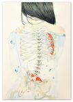  1girl absurdres back black_hair blue_(spin_world) bone bubble cowboy_shot from_behind hand_on_own_shoulder highres koi long_hair original ribs skeleton solo spine surreal traditional_media water watercolor_(medium) 