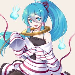  1girl beikeice black_dress blue_eyes blue_hair camisole chain commentary_request cuffs dress frilled_skirt frills hair_ornament hair_tubes handcuffs highres hitodama long_hair long_sleeves miyadeguchi_mizuchi open_mouth ponytail prison_clothes raised_eyebrows shackles sharp_teeth shirt simple_background skirt skull_hair_ornament sleeves_past_wrists solo striped_clothes striped_shirt striped_skirt teeth touhou upper_teeth_only variant_set white_background wide_sleeves 