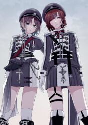  2girls asakura_toru black_boots blue_eyes boots bow bowtie brown_hair chain commentary_request cowboy_shot cross cross_earrings cross_hair_ornament earrings epaulettes from_below gem gloves hair_ornament hairclip hand_on_another's_shoulder hat highres higuchi_madoka idolmaster idolmaster_shiny_colors jewelry kakemi looking_at_viewer looking_down military_hat military_uniform mole mole_under_eye multiple_girls over-kneehighs pink_eyes purple_bow purple_bowtie purple_gem purple_hair short_hair skirt thigh-highs thigh_strap white_gloves 