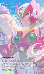  1boy armor blonde_hair cherry_blossoms chest_jewel cowboy_shot forehead_jewel green_eyes helmet long_hair male_focus mega_man_(series) mega_man_x_(series) petals pink_petals red_armor red_helmet solo yamanashi_taiki zero_(mega_man) 