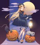  1girl abigail_williams_(fate/grand_order) black_cat black_dress black_ribbon blonde_hair blue_eyes cat clouds dress fate/grand_order fate_(series) grey_cat hair_ribbon halloween jack-o&#039;-lantern kibou lantern long_hair long_sleeves looking_at_viewer mary_janes moon multicolored multicolored_background orange_ribbon oversized_clothes puffy_dress puffy_sleeves pumpkin purple_background ribbon shadow shoe_ribbon shoes signature solo star_(symbol) very_long_hair 