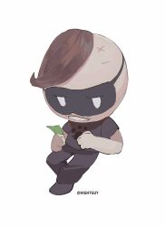  1boy artist_name banknote black_mask black_pants black_shirt black_shoes brown_hair butch_(mewgenics) chinese_commentary commentary_request cross_scar eye_mask facial_hair film_grain full_body highres hightguy holding holding_money knees_apart_feet_together male_focus mask mewgenics money mustache open_mouth pants paw_print scar shirt shoes short_hair short_sleeves simple_background solo standing teeth white_background white_eyes 