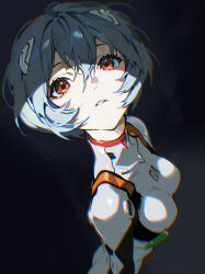  1girl absurdres ayanami_rei black_background blue_eyes blue_hair bodysuit breasts commentary_request hatsutahaku highres interface_headset_(evangelion) looking_up mecha_pilot_suit neon_genesis_evangelion open_mouth plugsuit_(evangelion) red_eyes shadow short_hair simple_background solo standing white_bodysuit 