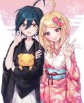  1boy 1girl :d ahoge akamatsu_kaede animal animal_hug bangs black_hair black_kimono blonde_hair blush braid brown_eyes collarbone commentary_request dalrye_v3 dangan_ronpa flower fur_trim hair_between_eyes hair_flower hair_ornament hand_up holding holding_animal japanese_clothes kimono long_hair long_sleeves looking_at_viewer new_dangan_ronpa_v3 open_mouth pig pink_flower pink_kimono repost_notice saihara_shuuichi short_hair smile striped striped_kimono twitter_username upper_teeth v 