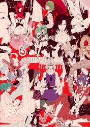 6+girls animal_ears black_hair blue_kimono frilled_sleeves frills green_hair hat highres himekaidou_hatate houraisan_kaguya imaizumi_kagerou japanese_clothes kaku_seiga kasodani_kyouko kazami_yuuka kimono kisume kochiya_sanae looking_at_viewer miyako_yoshika moriya_suwako multiple_girls pink_hair purple_hair red_background saigyouji_yuyuko shirt sitting smile tokin_hat touhou toyosatomimi_no_miko triangular_headpiece twintails upside-down white_shirt wide_sleeves wolf_ears yamada_satoshi yasaka_kanako 
