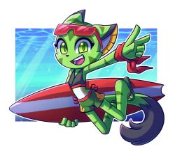 1girl animal_ears black_nose black_tank_top carol_tea cat_ears cat_girl cat_tail eyelashes freedom_planet freedom_planet_1 furry furry_female green_eyes green_fur highres holding holding_surfboard kjbionicle male_swimwear ocean red_scarf sandals scarf striped_fur surfboard swim_trunks swimsuit tail tank_top water 