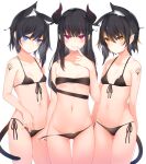  3girls animal_ear_fluff animal_ears bangs bare_arms bare_shoulders bikini bikini_pull black_bikini blue_eyes blush breasts cat_ears cat_girl cat_tail commentary_request cowboy_shot eyebrows_visible_through_hair finger_to_mouth front-tie_bikini front-tie_top groin horns long_hair looking_at_viewer multicolored_hair multiple_girls navel original otokuyou parted_lips pointy_ears red_eyes side-tie_bikini simple_background smile string_bikini swimsuit tail tattoo undressing yellow_eyes 