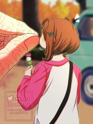  1boy 1girl blurry blurry_background boku_no_hero_academia brown_hair car commentary dango eating english_commentary food forced_perspective from_behind hair_ornament hairclip highres holding holding_food midoriya_izuku motion_lines motor_vehicle mu_1_2 pinching_gesture pov pov_hands raglan_sleeves sanshoku_dango tree uraraka_ochaco wagashi watermark 