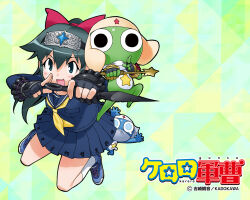  1girl 2boys azumaya_koyuki black_eyes black_hair blue_eyes copyright_name dororo_(keroro_gunsou) fingerless_gloves frog full_body gloves green_background hat keroro keroro_gunsou kunai long_hair looking_at_viewer mask mouth_mask multiple_boys ninja_mask official_art official_wallpaper ribbon school_uniform serafuku shoes simple_background skirt socks star_(symbol) weapon yoshizaki_mine 