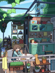  1girl absurdly_detailed_composition absurdres analog_clock animal apple aqua_cardigan black_shirt blue_sky bookshelf boombox bottle bread bread_slice broom brown_eyes brown_hair bucket cabinet cardigan cat cellphone chair cheribon chinese_commentary clock coffee_mug commentary_request cooking_pot crt cup day dish_rack door dot_nose electric_fan faucet fishbowl food from_outside fruit gas_can glass_ceiling hanging_light headphones highres ladder loaded_interior long_hair looking_at_animal mug no_pupils on_chair open_mouth orange_cat original oven_mitts phone plant plate potted_plant scenery shelf shirt sink sitting sky slice_of_life smartphone smile spray_bottle step_stool straight_hair table teapot television toast toaster tom_and_jerry towel unworn_headphones vase vines watering_can 