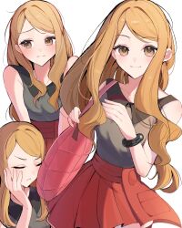  1girl bag black_shirt black_thighhighs blonde_hair blush breasts brown_eyes closed_eyes closed_mouth commentary_request head_rest highres long_hair looking_at_viewer mega_ring multiple_views nii_(marimo_416) pink_bag pokemon pokemon_xy red_skirt serena_(pokemon) shirt simple_background skirt sleeveless sleeveless_shirt smile thigh-highs white_background 