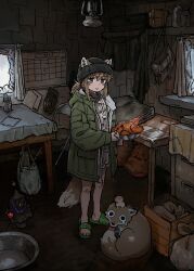  1girl absurdres animal animal_ears bare_legs beanie black_hat calendar_(object) chicken_(food) christmas commentary crate drawstring ears_through_headwear english_commentary food fox fox_ears fox_girl fox_girl_(yihan_world) fox_tail green_jacket green_sandals hat highres holding holding_food hood hood_down hooded_jacket indoors jacket jacket_over_jacket kitchen lantern mini_christmas_tree original ponytail sandals smile solo standing steam table tail window yihan_world 