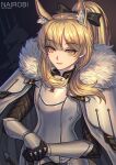  1girl animal_ear_fluff animal_ears arknights armor bangs black_background black_gloves black_ribbon blemishine_(arknights) blonde_hair breastplate commentary_request eyebrows_visible_through_hair fur_trim gloves hair_ribbon highres kingdom_of_kazimierz_logo long_hair looking_at_viewer nairobi_song ribbon simple_background smile solo upper_body vambraces yellow_eyes 