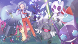  1girl anger_vein annihilape backpack bag black_bag black_shoes blue_fire blush brown_eyes cellphone ceruledge closed_eyes closed_mouth collared_shirt commentary_request dragapult dreepy eyelashes fire flower frosslass fypuita grass grey_hair grin hand_on_own_hip highres long_sleeves medium_hair mimikyu mole mole_under_mouth naranja_academy_school_uniform necktie night nostrils open_mouth orange_flower orange_necktie orange_pants outdoors pants phone pillar_of_light pink_flower pokemon pokemon_(creature) pokemon_sv pokemon_team puff_of_air rotom rotom_phone sableye school_uniform sharp_teeth shirt shoes sky sleeping smartphone smile sparkle sprigatito standing standing_on_one_leg star_(sky) starry_sky striped_clothes striped_pants suspenders teeth vertical-striped_clothes vertical-striped_pants white_flower white_shirt zzz 