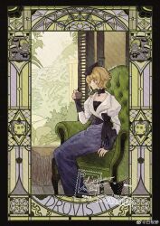  1girl absurdres acorn_pendant armchair black_hat blonde_hair blue_dress border carbuncle_(reverse:1999) chair character_name chinese_commentary commentary_request cup dress druvis_iii feet_out_of_frame green_eyes hat highres hobble_dress holding holding_cup long_dress on_chair ornate_border plant profile reverse:1999 short_hair sitting solo two-tone_dress watermark white_dress window zhuyingmiao 