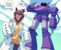  1boy 1girl absurdres agnes_tachyon_(tach-nology)_(umamusume) agnes_tachyon_(umamusume) animal_ears black_pantyhose brown_eyes brown_hair brown_necktie commentary crossover decepticon english_commentary english_text highres horse_ears horse_girl lab_coat mecha necktie open_mouth pantyhose robot shockwave_(transformers) short_necktie sleeves_past_fingers sleeves_past_wrists smile sweater test_tube transformers transformers:_generation_1 umamusume vincent-san yellow_sweater 