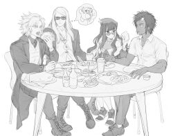  1girl 3boys alternate_costume ankle_socks bare_shoulders beret boots bowl bracelet chair closed_mouth coat collared_shirt commentary_request cup dark-skinned_male dark_skin daybit_sem_void drink drinking_glass eating fate/grand_order fate_(series) flapper_shirt food fork full_body gjtthflmaster greyscale hair_between_eyes hand_up hat holding holding_food holding_fork holding_napkin izcalli_(fate) jewelry kirby kirby_(series) korean_commentary lace-up_boots long_hair long_sleeves looking_at_another looking_at_food medallion midriff_peek monochrome multiple_boys napkin neck_ring necktie off-shoulder_jacket off_shoulder on_chair open_clothes open_coat open_mouth pants parted_bangs plate round_eyewear round_table scar scar_on_face scar_on_forehead shirt shoes short_hair short_sleeves simple_background sitting sleeveless sleeveless_shirt socks speech_bubble striped_sweater_vest sunglasses sweatdrop sweater_vest table taco teeth tenochtitlan_(fate) tenochtitlan_(second_ascension)_(fate) tezcatlipoca_(fate) tezcatlipoca_(first_ascension)_(fate) thought_bubble white_background 