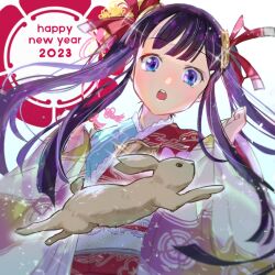  1girl 2023 black_hair blue_eyes blue_kimono chinese_zodiac colored_inner_hair commentary_request gyorui_(toura_minato) hair_ribbon hands_up happy_new_year japanese_clothes kimono layered_kimono long_hair looking_at_animal multicolored_hair multicolored_kimono new_year obi oda_kou open_mouth purple_hair rabbit rance_(series) red_kimono red_ribbon ribbon sash solo teeth twintails upper_teeth_only white_sash wide_sleeves year_of_the_rabbit 