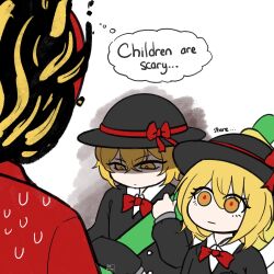  1boy 1girl 1other aged_down angry black_hair black_shirt blonde_hair commentary dante_(limbus_company) don_quixote_(project_moon) english_commentary english_text hat hat_ribbon highres kira_yu_(kirara_3701) limbus_company project_moon red_ribbon ribbon school_uniform shirt short_hair sinclair_(project_moon) speech_bubble sweat thought_bubble yellow_eyes 
