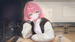  1girl :| absurdres ahoge arm_on_table blue_streaks cafe cellphone cityscape closed_mouth coffee coffee_mug collarbone cup dot_nose elbow_on_table green_eyes green_streaks hair_intakes half-closed_eyes hanako_nana hand_on_own_cheek hand_on_own_face head_on_hand highres indoors jacket letterman_jacket looking_at_viewer medium_hair mug multicolored_hair mumu_muw night open_clothes open_jacket phone pink_hair red_streaks shirt smartphone solo stellive streaked_hair variant_set virtual_youtuber white_shirt 