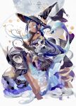  1girl alternate_color barefoot black_gloves blue_eyes book coco7 dark_skin full_moon gen_3_pokemon gloves grimoire hat long_hair milotic moon nessa_(pokemon) pokemon pokemon_(game) pokemon_swsh shiny_pokemon smile wand witch_hat 