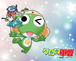  black_eyes blue_background closed_eyes copyright_name dororo_(keroro_gunsou) frog full_body giroro glasses hat headphones keroro keroro_gunsou kururu_(keroro_gunsou) looking_at_viewer mask mouth_mask multiple_boys ninja_mask no_humans official_art official_wallpaper one_eye_closed simple_background star_(symbol) tamama ufo yoshizaki_mine 