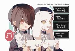  1boy 1other absurdres adoptive_siblings animal_ears asriel_dreemurr bad_singing brown_hair child chinese_commentary choir comedic_sweatdrop commentary_request deltarune dialogue_box english_text furry goat_boy goat_ears goat_horns highres hikokisleep247 horns kris_(deltarune) long_sleeves music musical_note red_eyes sheet_music siblings singing speech_bubble sweatdrop utdr_(toby_fox) white_fur yellow_eyes 